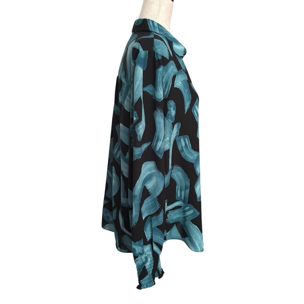 Chicos Size 3, XL Painted Brushstroke Long Sleeve Blouse Smocked Cuff Teal - Picture 3 of 7